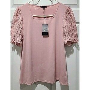 NWT $69 Adrianna Papell Blush Pink Square Neck Slinky Puff Lace Short Sleeve Top